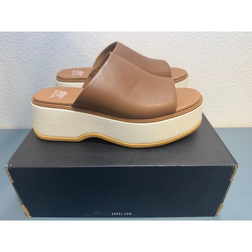 Sorel Dayspring Slide Sandal Velvet Tan Chalk‎ Leather Platform Mules Womens 8
